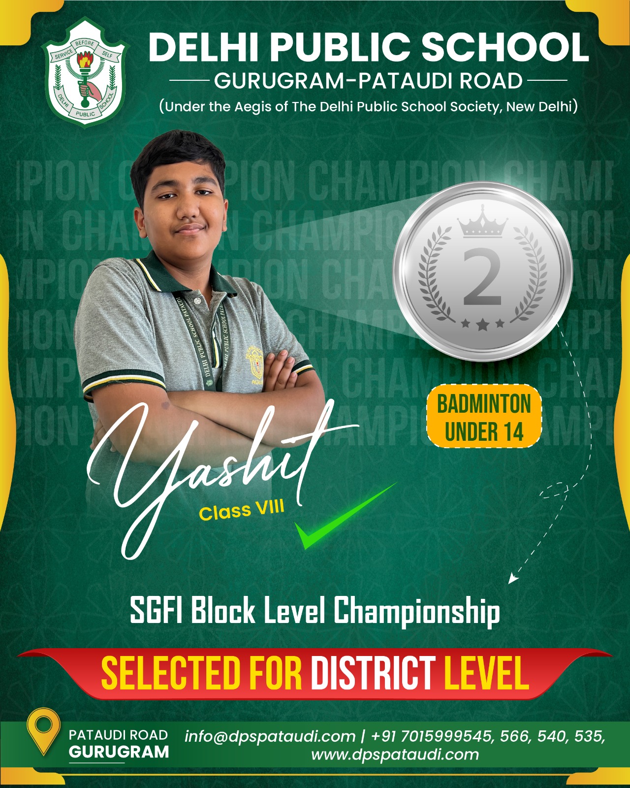 DPS Pataudi the best school in pataudi's Students wins Gold medal in Badminton